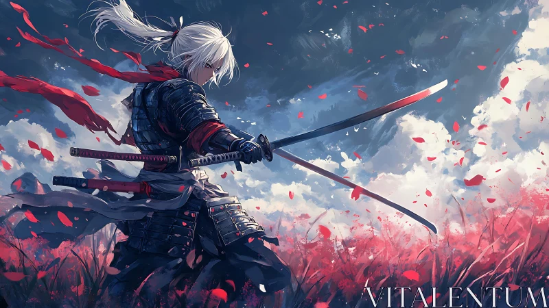 White-haired samurai in duel stance amid red petal storm