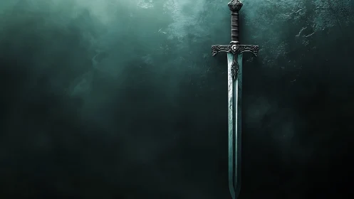 Photorealistic steel sword against dark textured mist wall.