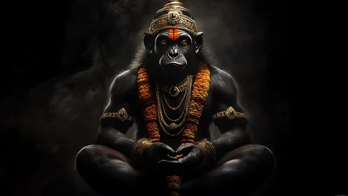 Digitally rendered simian figure in ornate seated pose
