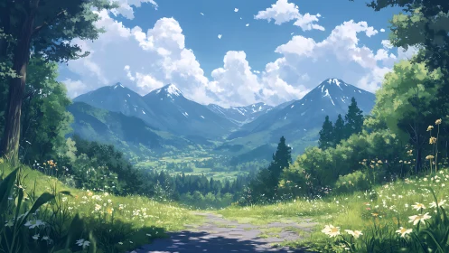 Sunlit alpine meadow frames distant snowcapped mountains.