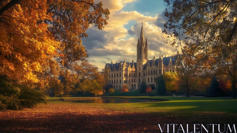 Sunlit neo-gothic castle rises over tranquil autumn gardens