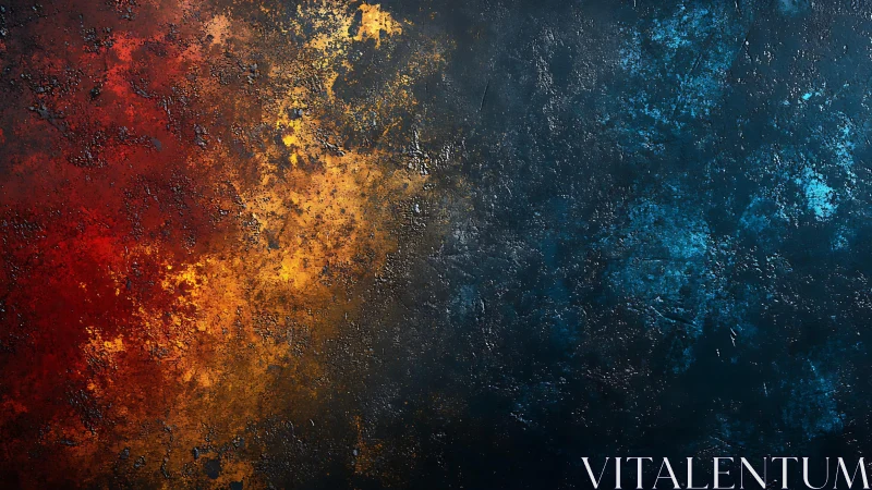 Abstract textured painting with fiery red, gold, and deep blue tones.