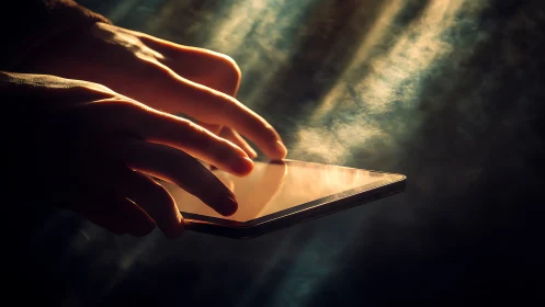 Hands on glowing tablet in dramatic shafted light scene.