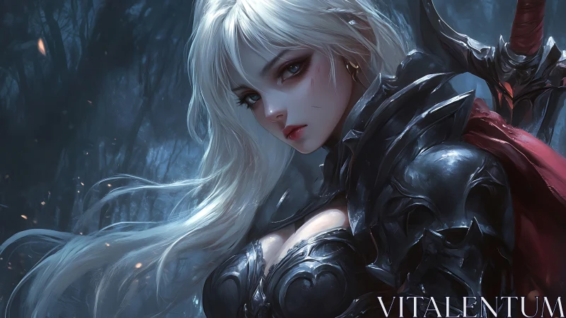 Silver haired warrior in gothic black plate armor, misty forest