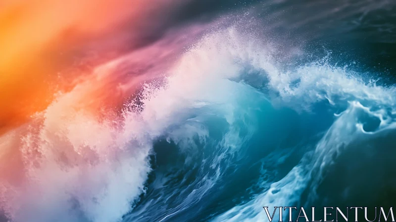 Surging ocean wave glows under vivid sunset gradients