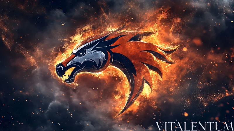 Flaming metallic dragon emblem blazes within dark smoke