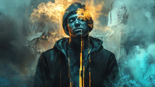 Cybernetic portrait with teal smoke and molten gold bleed