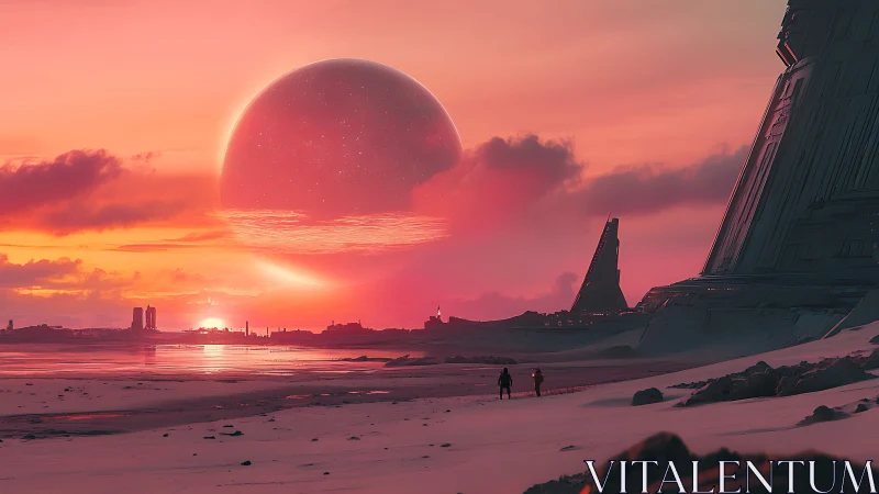 Binary moonrise over desert outpost with towering monoliths.