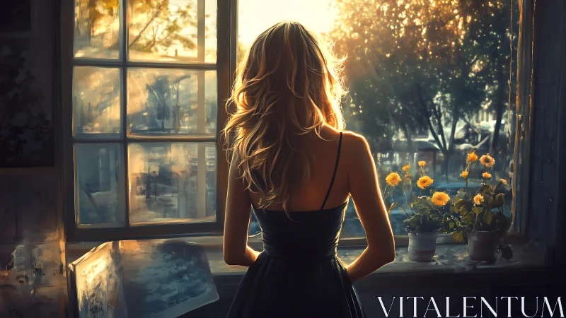 Woman in dark dress observing sunlit garden through window.