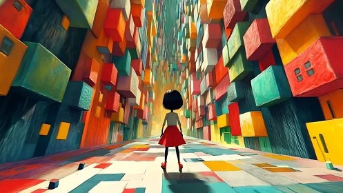 Girl in red skirt within towering cubist color canyon.