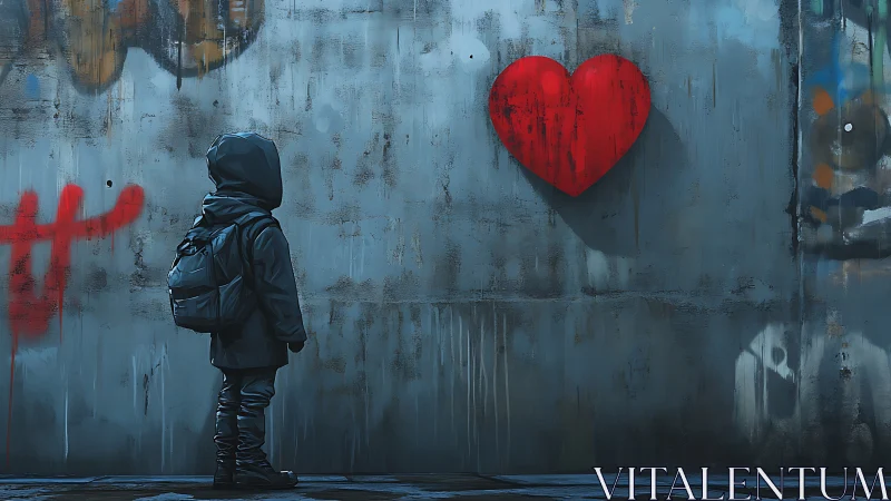 Hooded child confronts a red heart on a bleak city wall