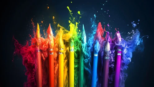 Row of colored pencils with pigment bursts against dark field.