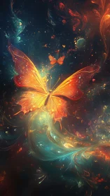 Luminous nebula butterfly drifts through swirling cosmic currents