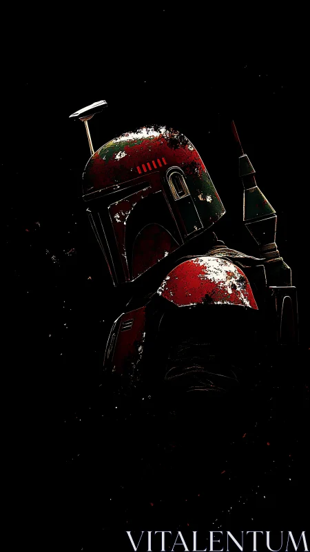 Graphic silhouette of weathered sci‑fi armor in deep void.