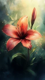 Red Lily with Unopened Bud Against Ethereal Green Background