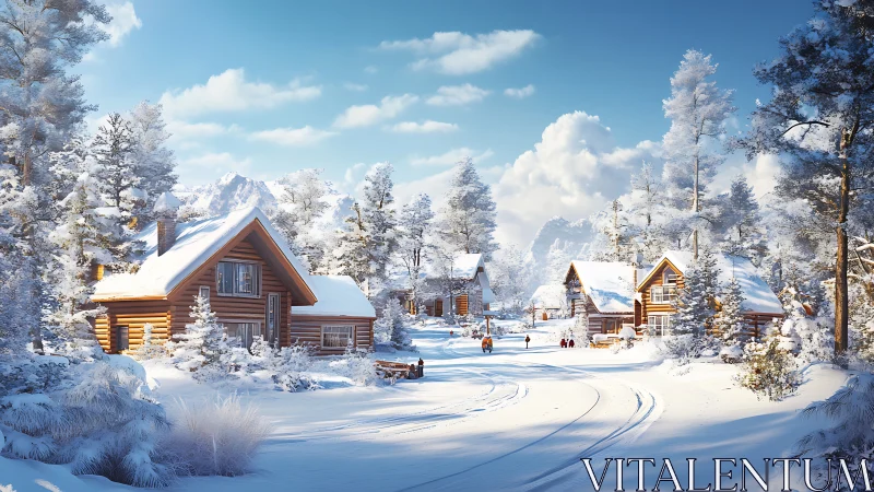 Snow-covered log cabins under directional winter sunlight in valley