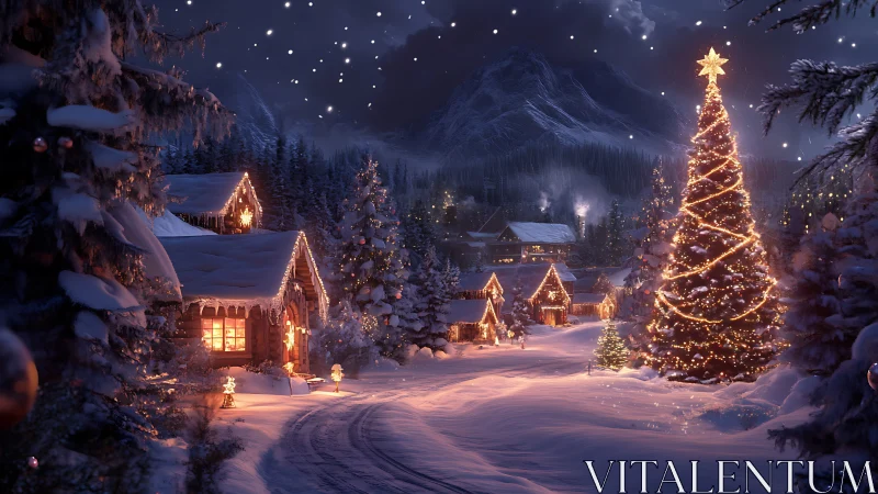Snowy village hush curls beneath a glittering Christmas star