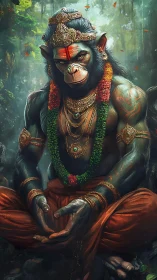 Simian humanoid deity figure seated in forest setting.