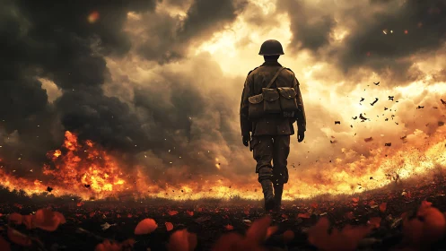 Lone soldier strides through burning battlefield storm.