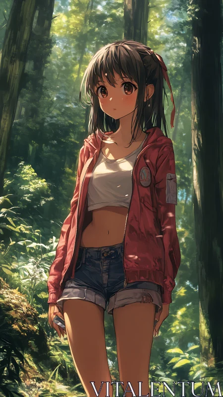 Anime-style girl stands in sunlit forest environment