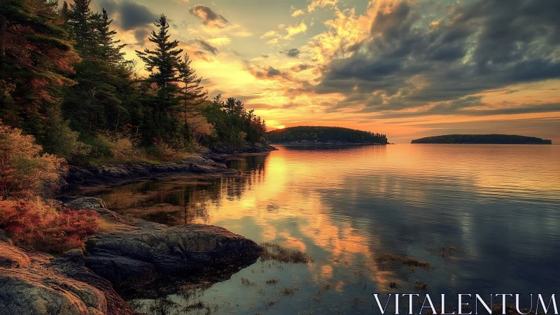 Sunset light reflects across calm forested coastal inlet