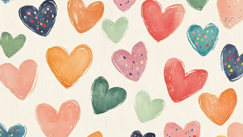 Colorful Hand-Painted Hearts Scattered Pattern.