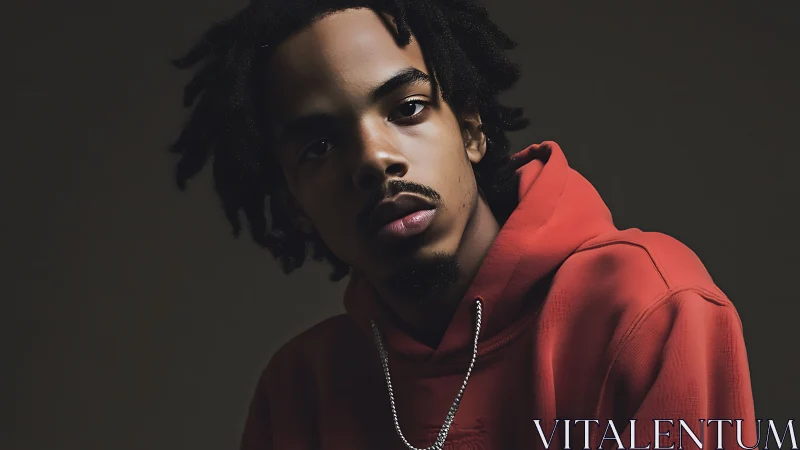 Moody studio portrait with directional key light and hoodie.