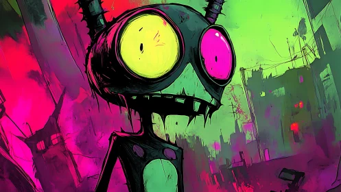 Neon alien cartoon figure in chaotic urban ruins scene.