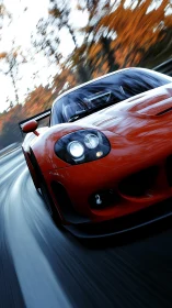 Red sports car slices apex under blurred autumn forest.