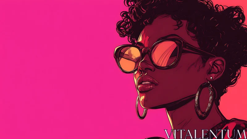 Neon sun queen in mirrored shades on hot pink horizon.