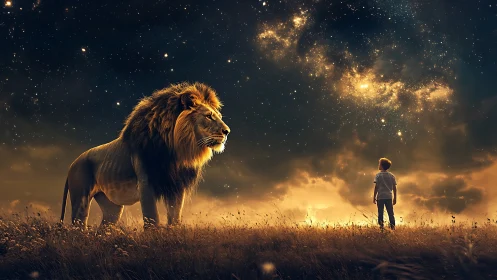 Starry night encounter unites lion&rsquo;s strength and child wonder