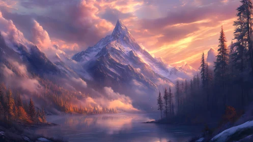 Sunlit mountain spine pierces mist as the forest quietly glows