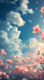 Pink flowers rise beneath ethereal clouds and stars.
