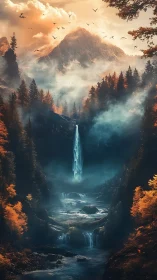 Cascading mountain waterfall in cinematic autumn valley.