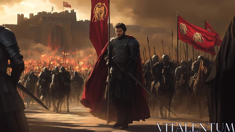 Armored commander leads cavalry phalanx before burning fortress