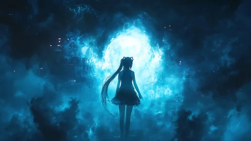 Silhouette of anime girl facing glowing blue cosmic portal.