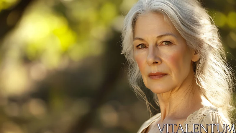 Elegant senior woman with silver hair in sunlit outdoor portrait.