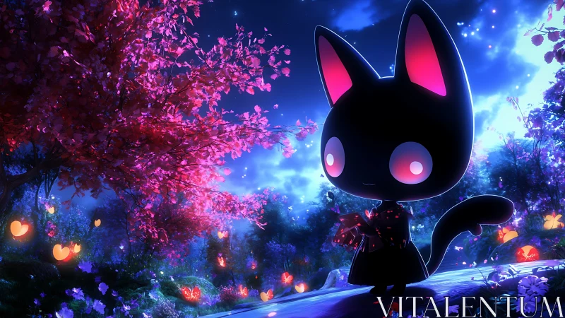 Cute black cat character in glowing fantasy forest scene.
