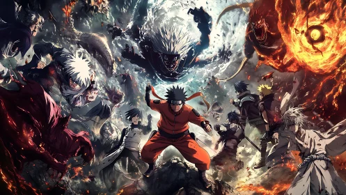 Storm-born shinobi clash amid swirling fire and shadow.