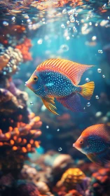 Colorful reef fish swim among corals in clear tropical water