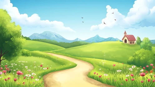 Sunlit meadow path winding toward a storybook hilltop chapel.