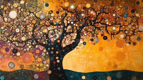 Golden abstract tree explodes with spiraling mosaic light.