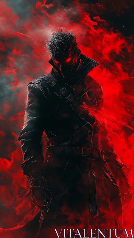 Dark coated figure with red glowing eyes emerges in smoke