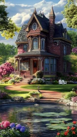 Victorian brick house with pond and lush garden at sunset.