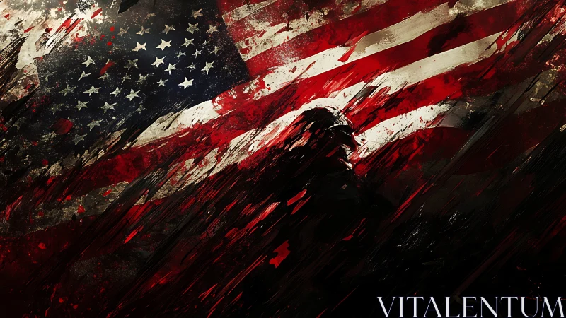 Fragmented US flag rendered with aggressive abstract brush dynamics