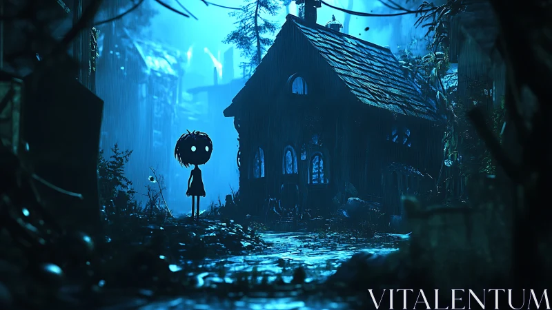 Moody 3D night scene with silhouetted child and crooked cabin.