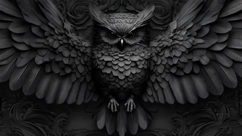 Midnight stone owl spreads powerful wings in intricate detail