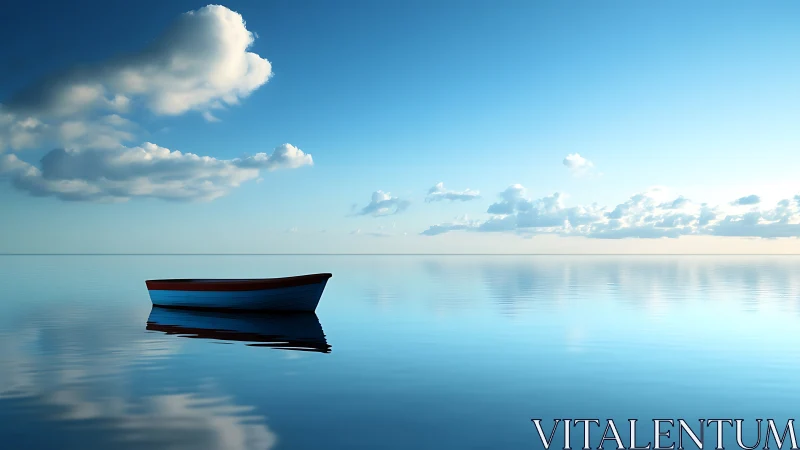 Small wooden boat floats on calm reflective open water