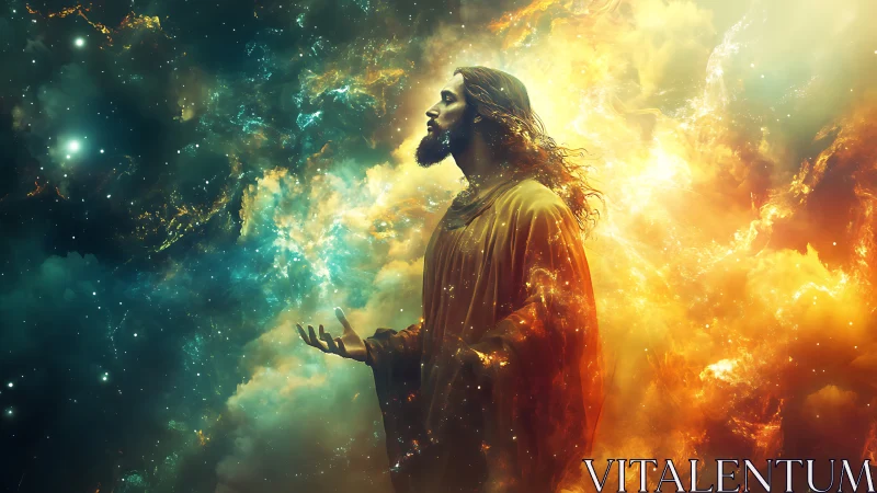 Sacred robed figure in glowing cosmic nebula light.