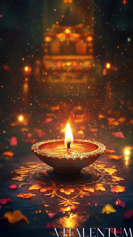 Gentle festival diya glowing warmly in a shower of light.